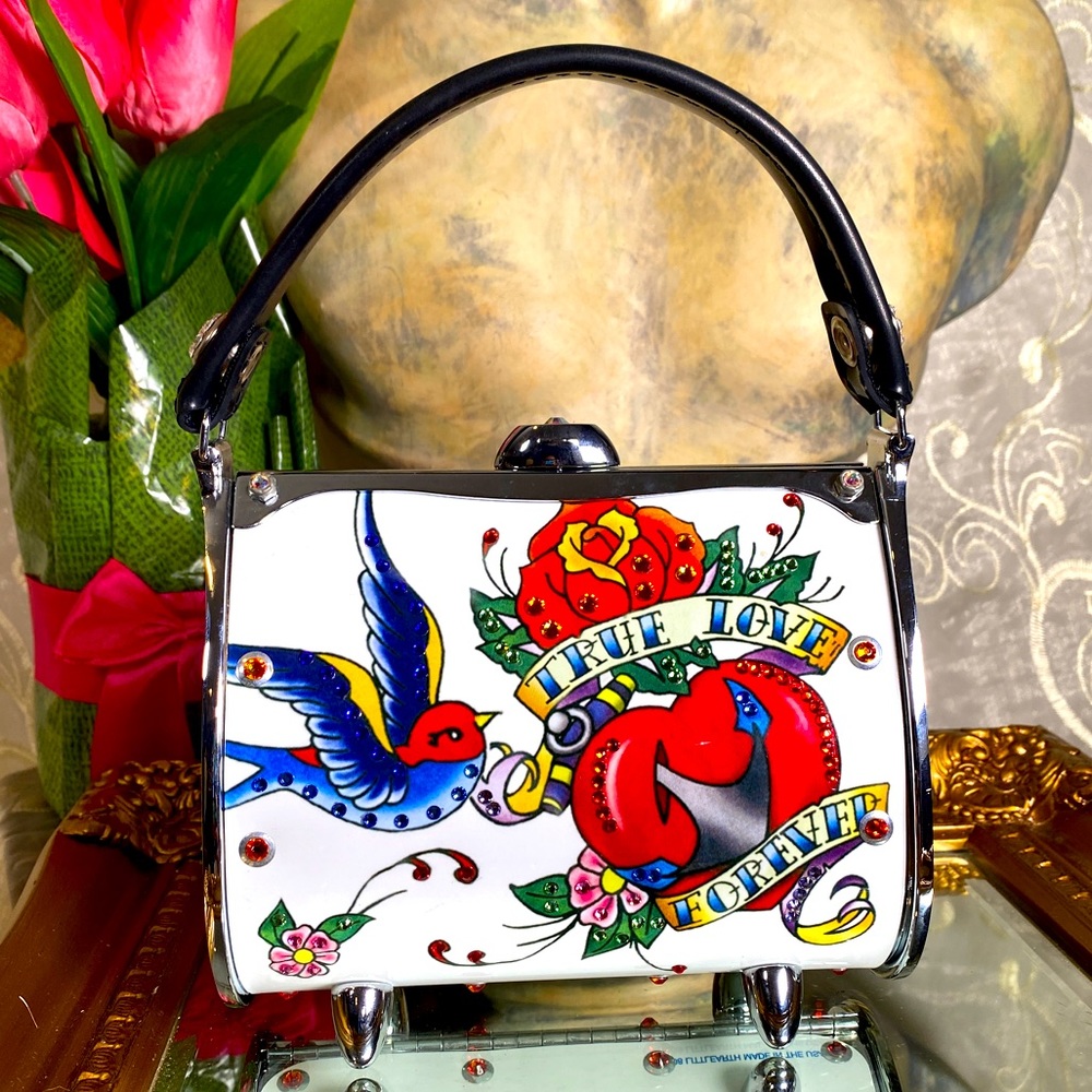 LITTLE EARTH USA PRISTINE Metal Purse Tattoo Art Swarovski Crystals Mini Bag - Picture 1 of 17